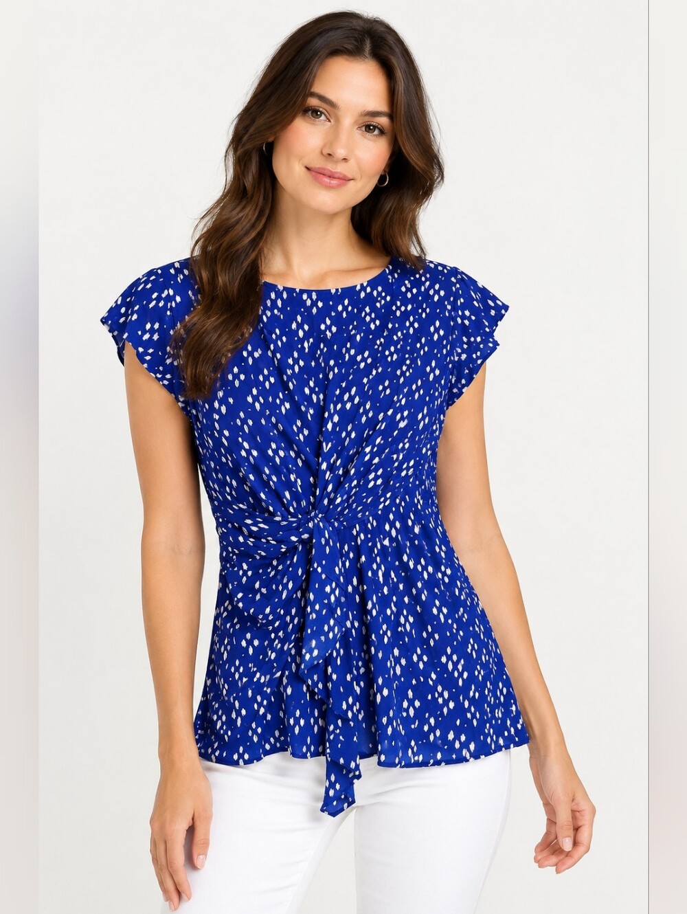 EDME & ESYLLTE 100% Silk Blue/White Ikat Print Wrap Blouse Size 8 Feminine Boho